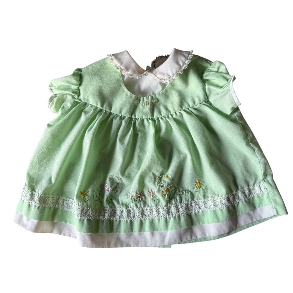 Vintage Baby Dress Size 18 months Handmade Lace Embroidered Cats Green